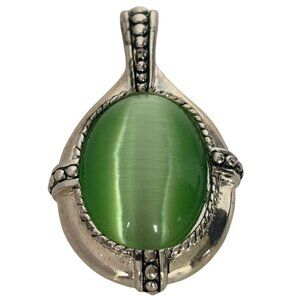 Kenneth Cole Oval Green Cats Eye Gemstone Pendant Silver Tone Glass 2 inch